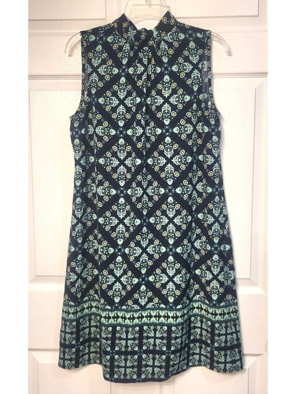 NWT Womens Ann Taylor Factory Neck Tie Navy Teal Midi Dress M Geometric
